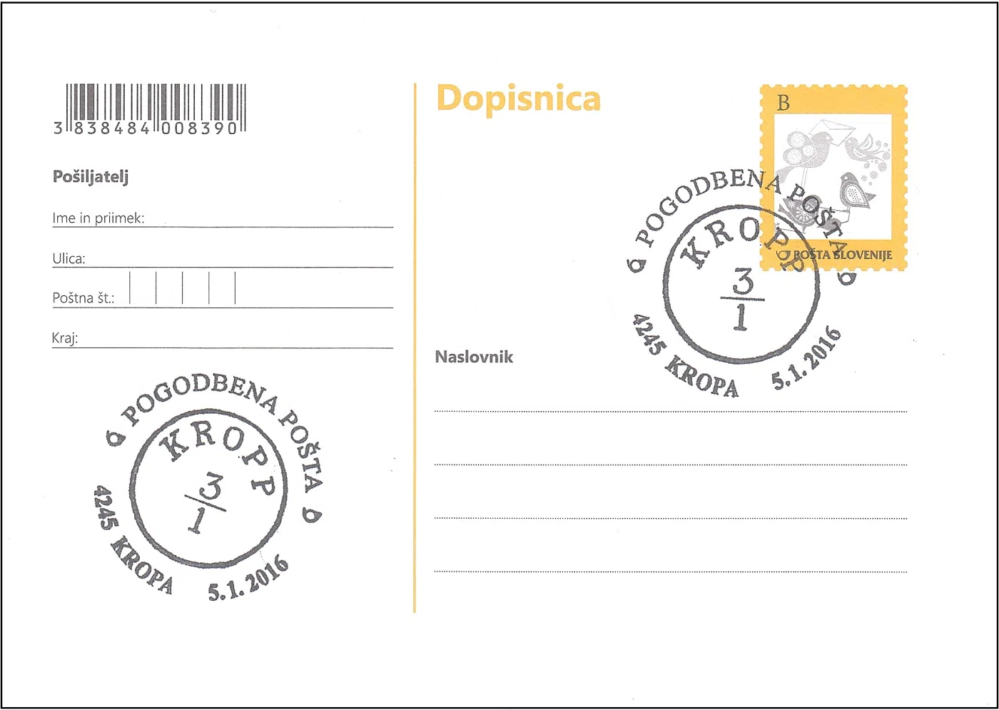 POGODBENA POŠTA 4245 KROPA